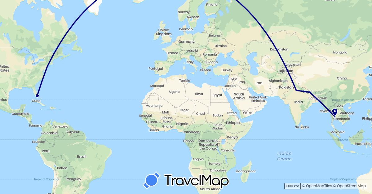 TravelMap itinerary: driving in India, Nepal, Thailand, United States (Asia, North America)
